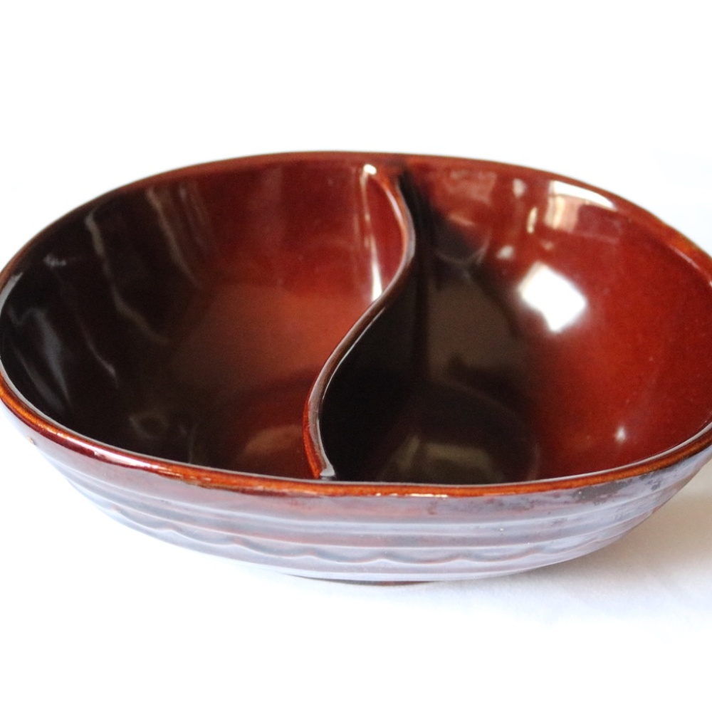 Vintage Marcrest Stoneware Brown Daisy Dot Divided Serving Dish MCM Ovenproof